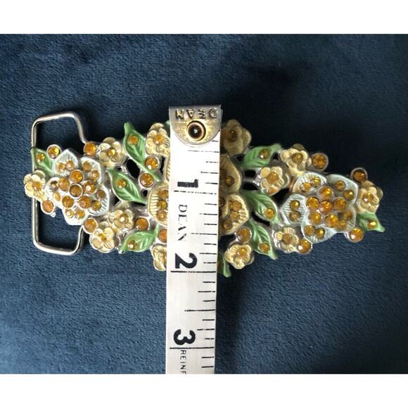 Vintage Floral Belt Buckle Enamel and Golden Rhinestones Silver Back Ornate - Picture 9 of 11